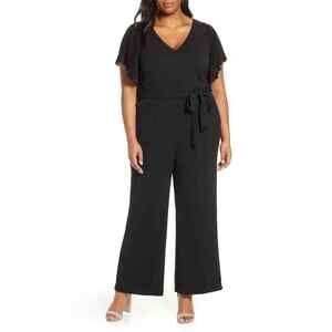 Eliza J Women's Pleated Flutter Sleeve Wide Leg Jumpsuit In Black Plus Size 24W